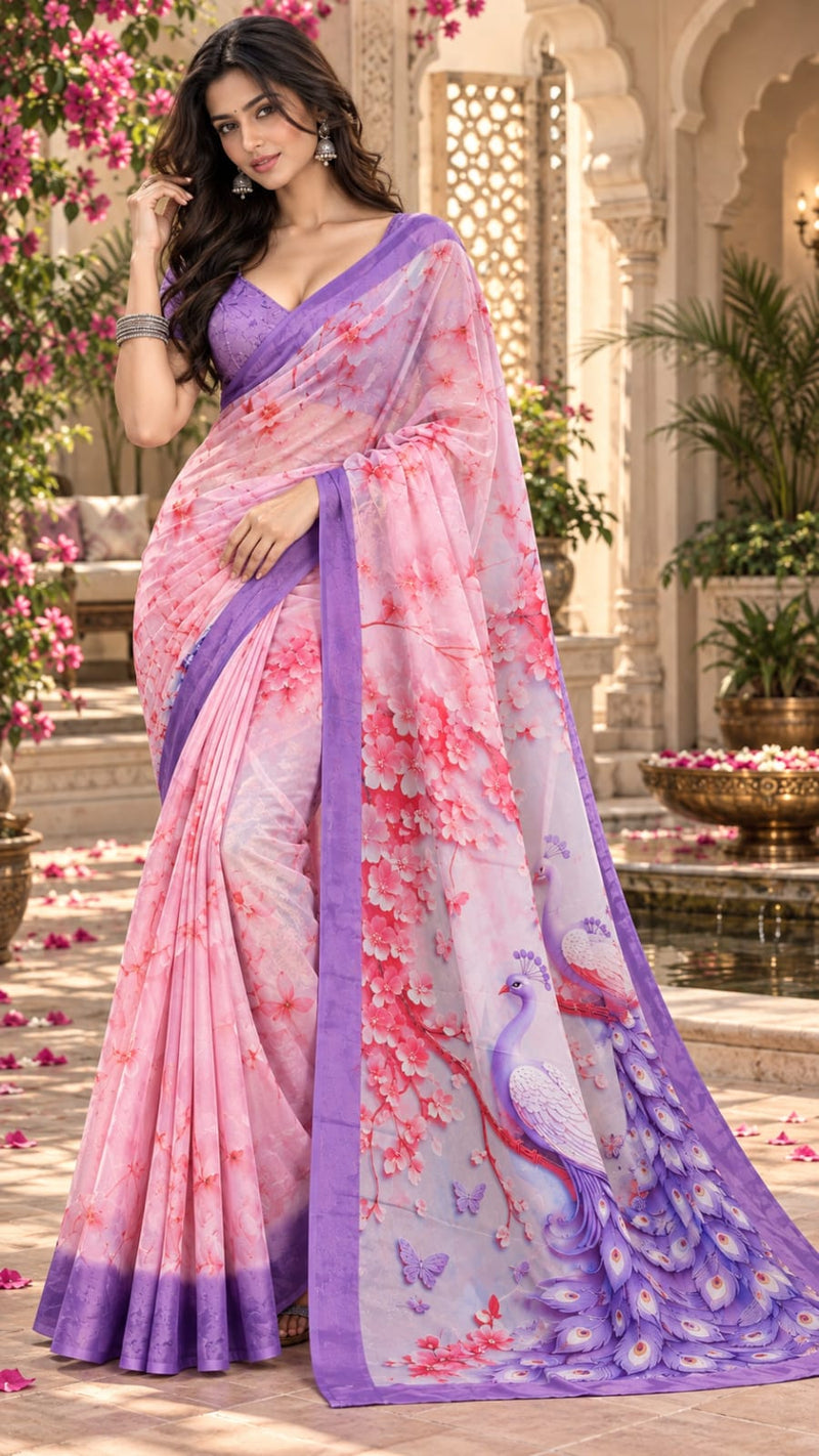 Light Pink and Lavender Floral Printed Saree