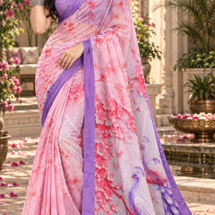 Light Pink and Lavender Floral Printed Saree