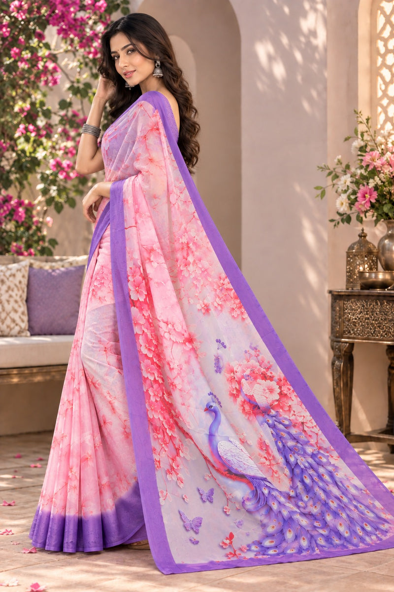 Light Pink and Lavender Floral Printed Saree