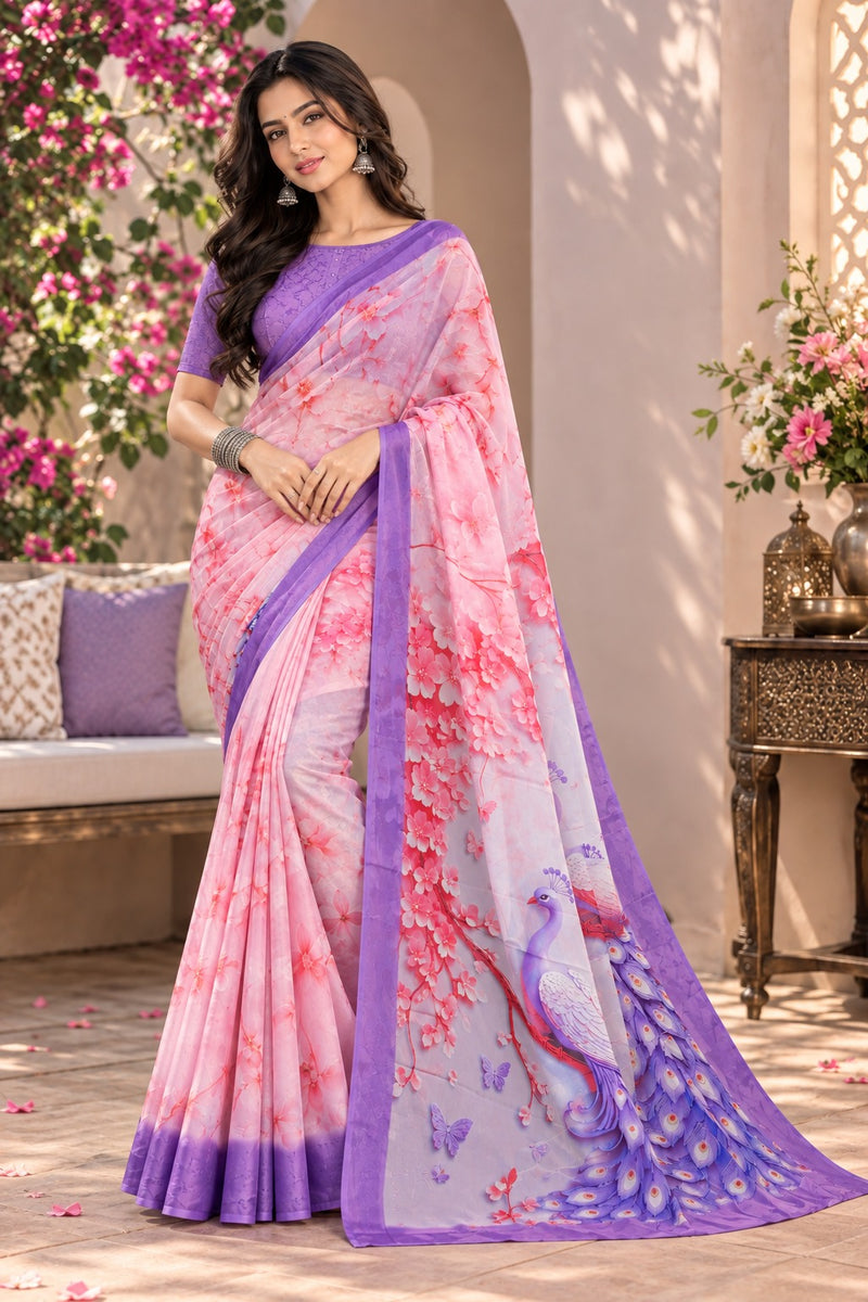 Light Pink and Lavender Floral Printed Saree