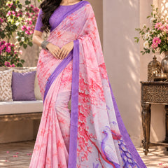 Light Pink and Lavender Floral Printed Saree