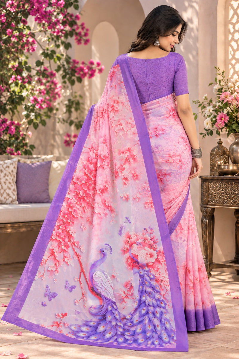 Light Pink and Lavender Floral Printed Saree