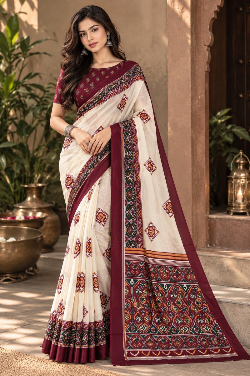 Cream and Maroon Patola Print Saree