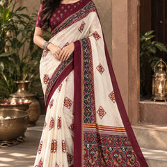Cream and Maroon Patola Print Saree