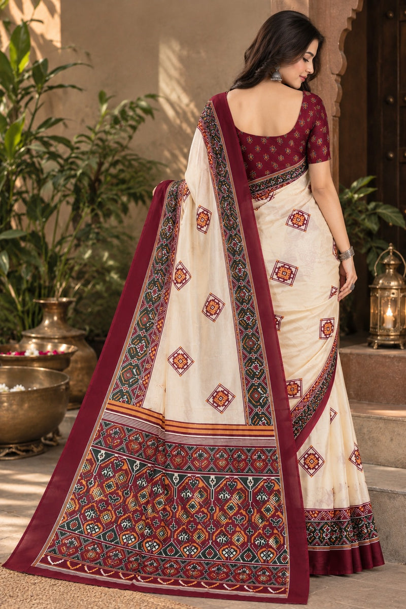 Cream and Maroon Patola Print Saree