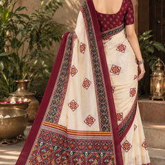Cream and Maroon Patola Print Saree