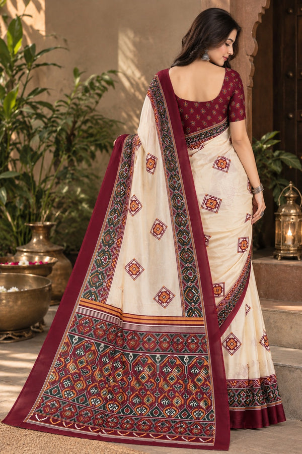 Cream and Maroon Patola Print Saree