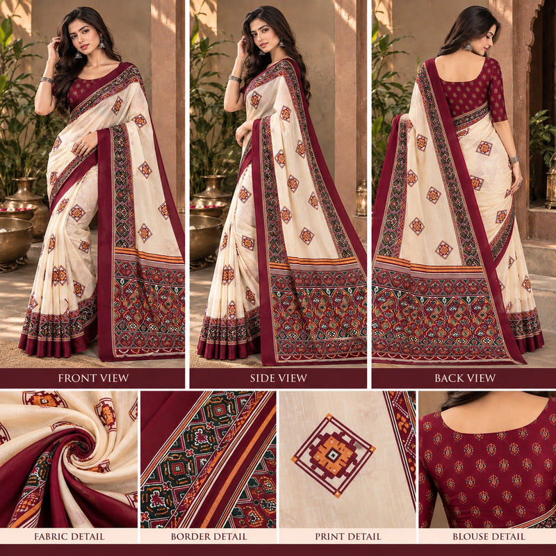 Cream and Maroon Patola Print Saree