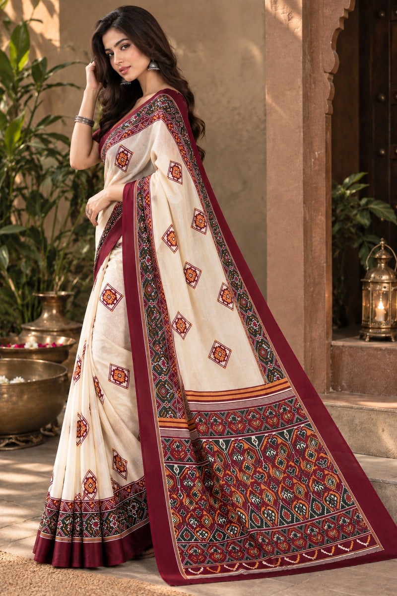 Cream and Maroon Patola Print Saree