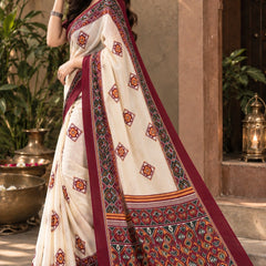 Cream and Maroon Patola Print Saree