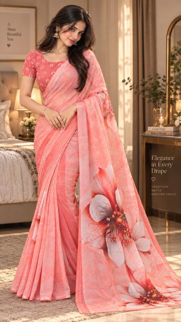 Coral Pink Floral Printed Saree