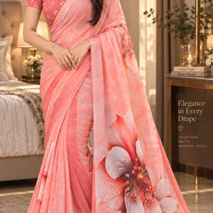 Coral Pink Floral Printed Saree