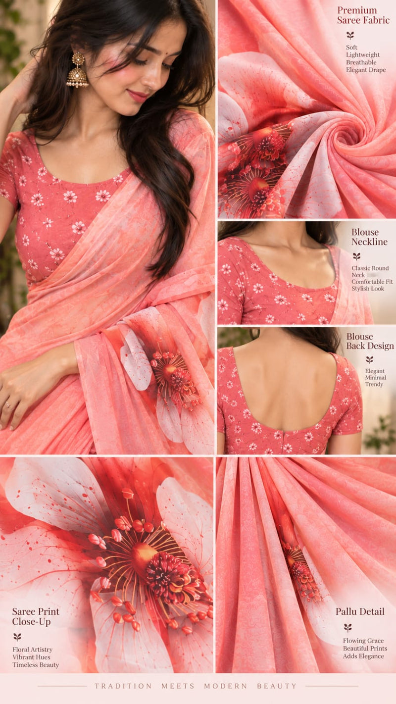 Coral Pink Floral Printed Saree