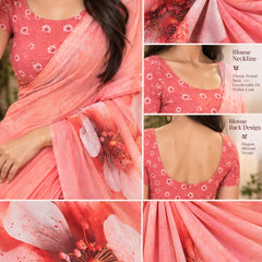 Coral Pink Floral Printed Saree