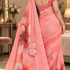 Coral Pink Floral Printed Saree