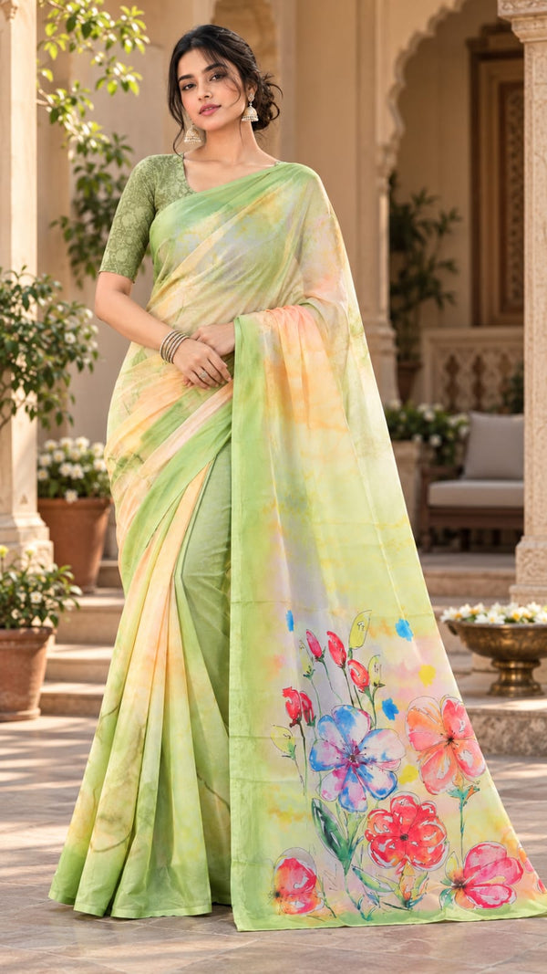 Pastel Green Floral Printed Saree