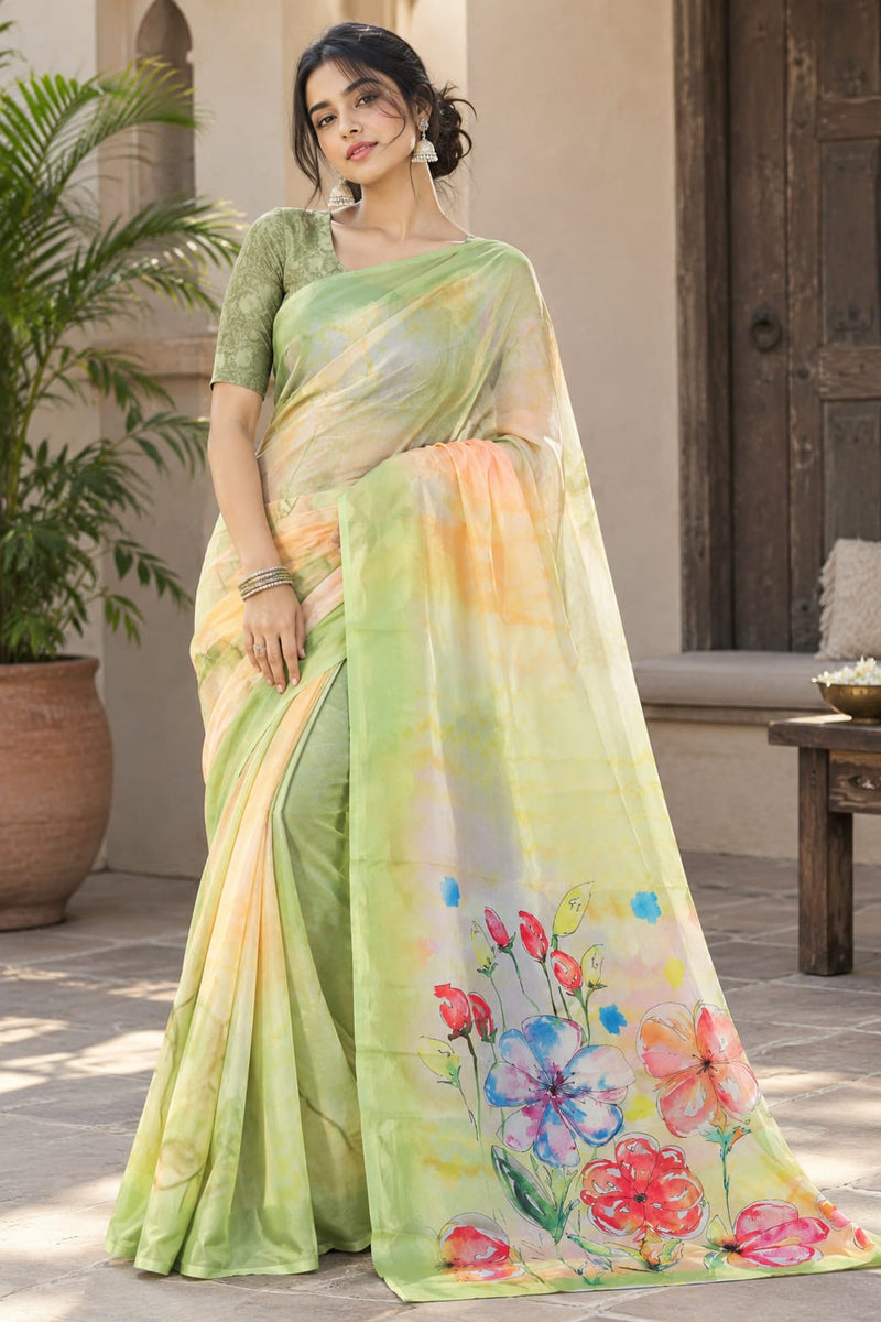 Pastel Green Floral Printed Saree