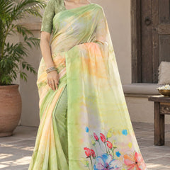 Pastel Green Floral Printed Saree