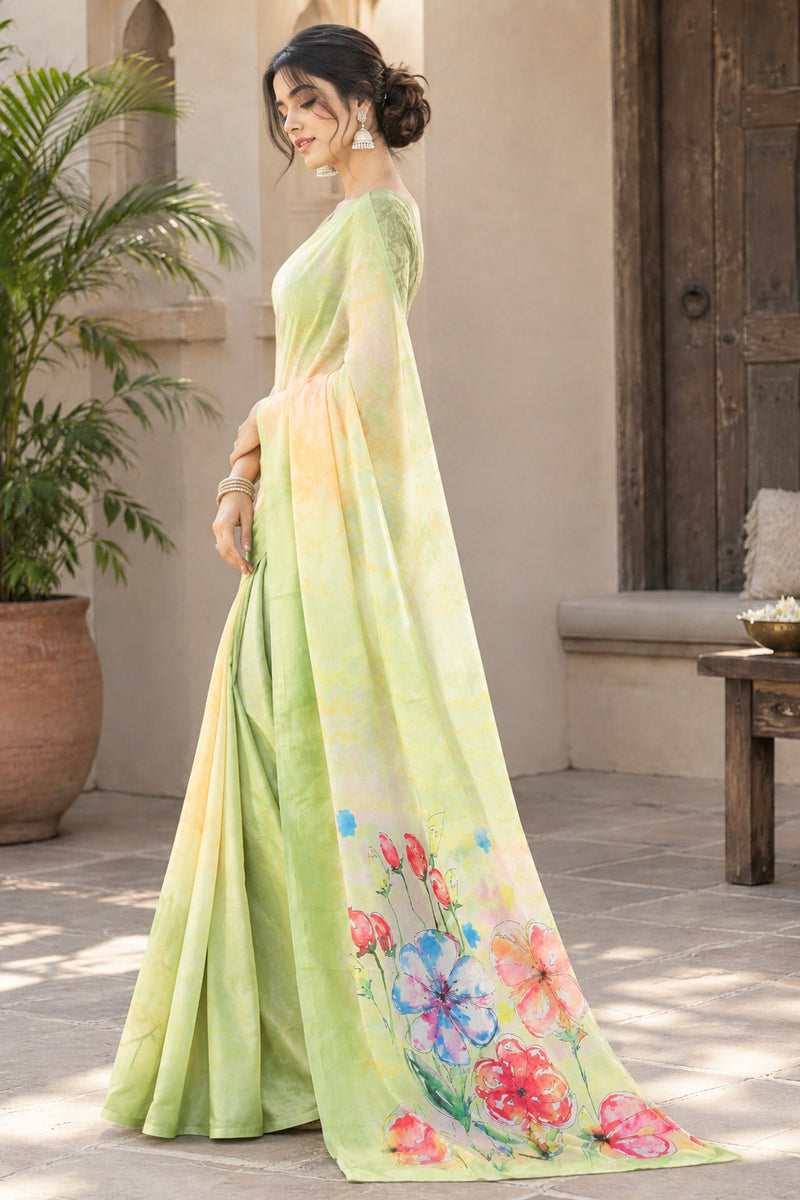 Pastel Green Floral Printed Saree