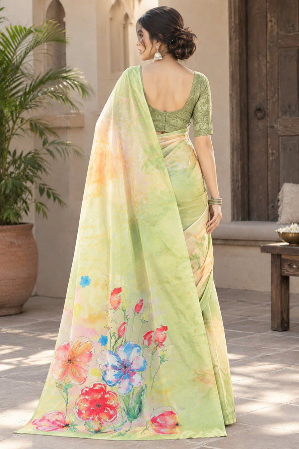 Pastel Green Floral Printed Saree