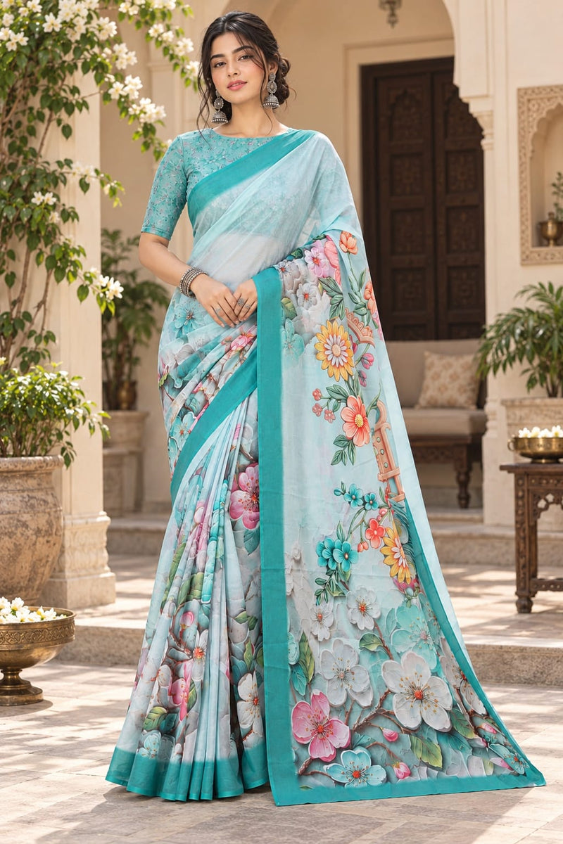 Pastel Green Floral Printed Saree
