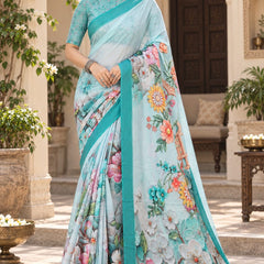 Pastel Green Floral Printed Saree