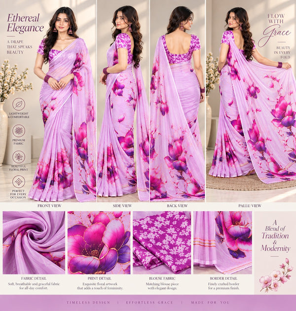 Pastel Lilac Floral Printed Sheer Saree