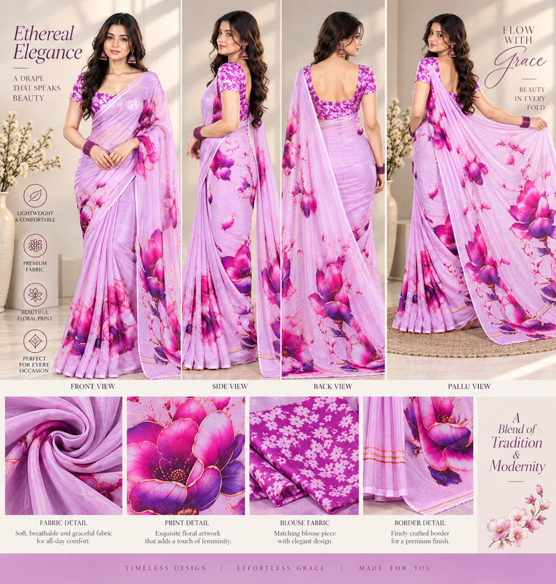 Pastel Lilac Floral Printed Sheer Saree