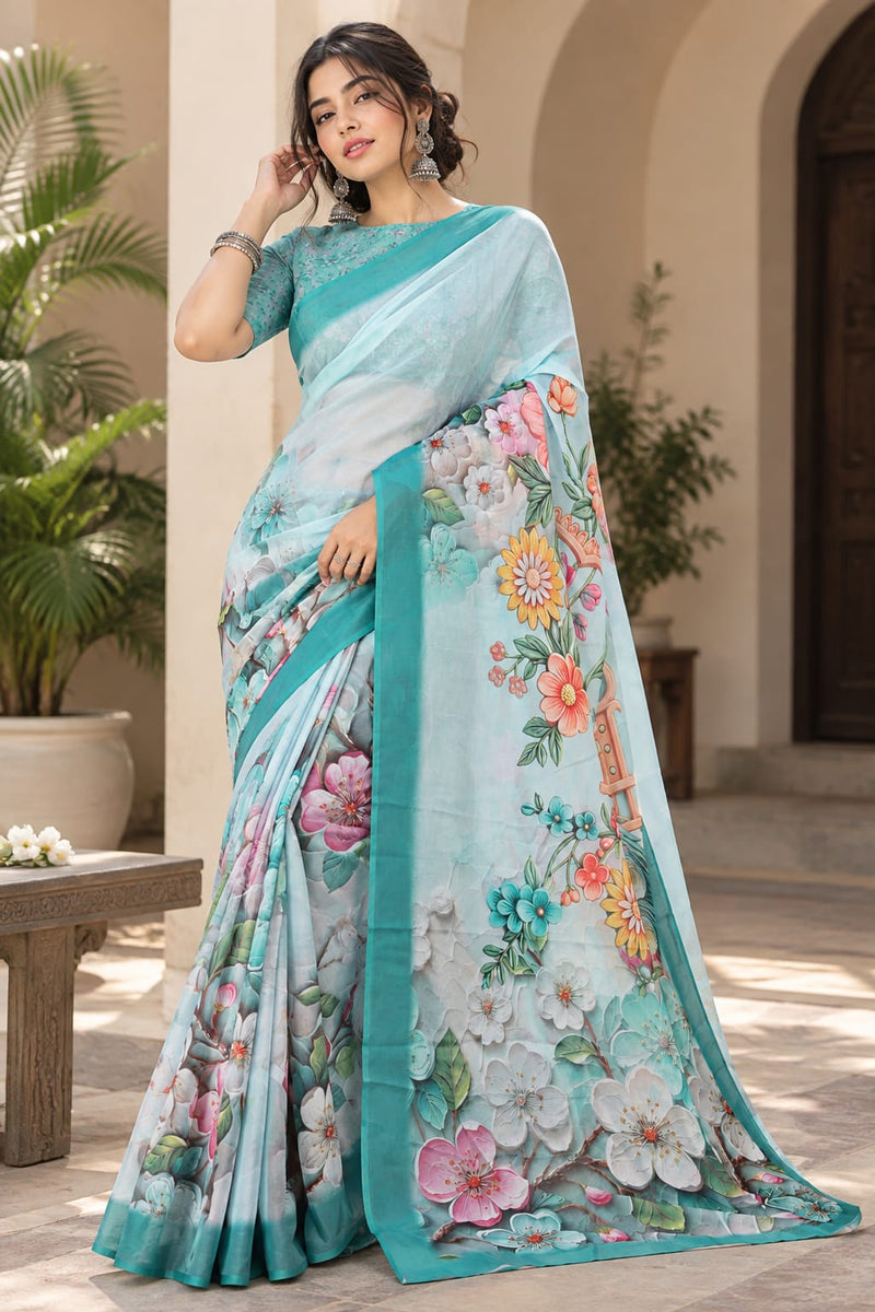 Pastel Green Floral Printed Saree