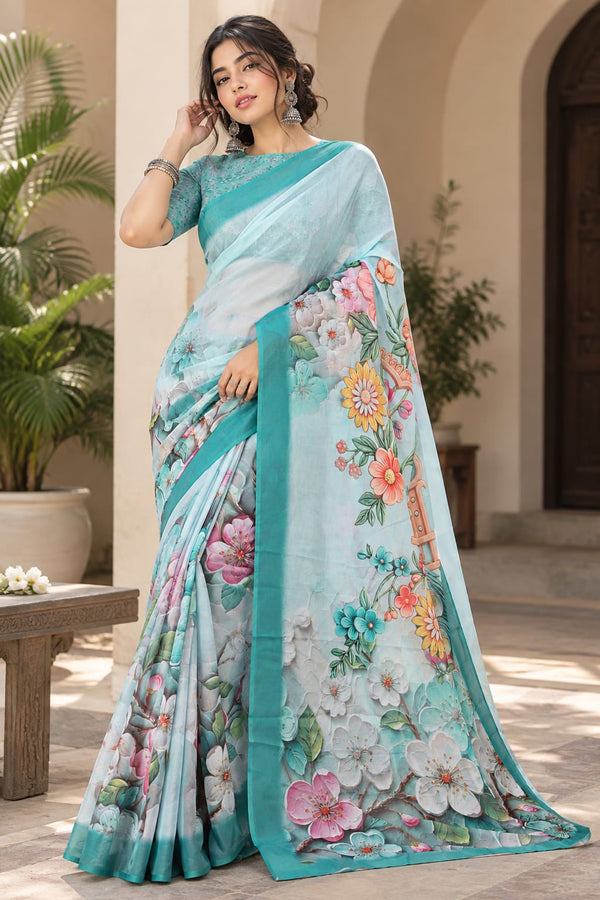 Pastel Green Floral Printed Saree