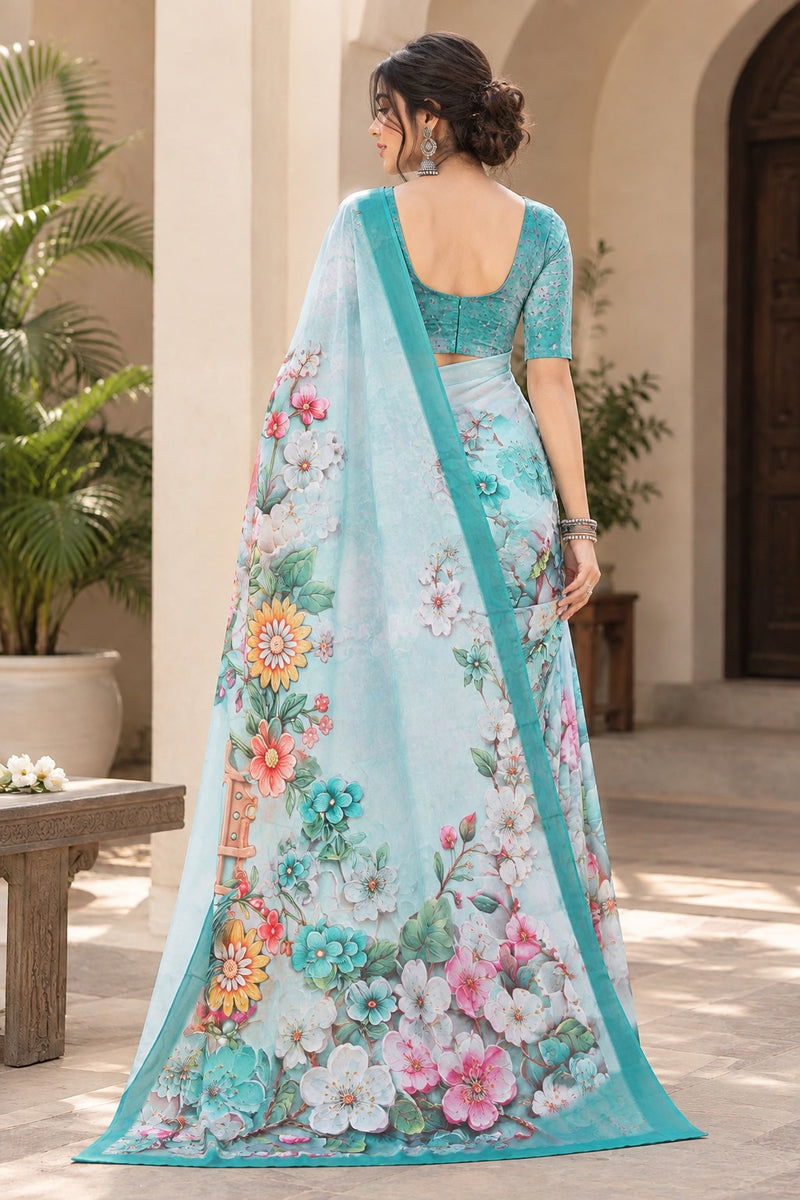 Pastel Green Floral Printed Saree