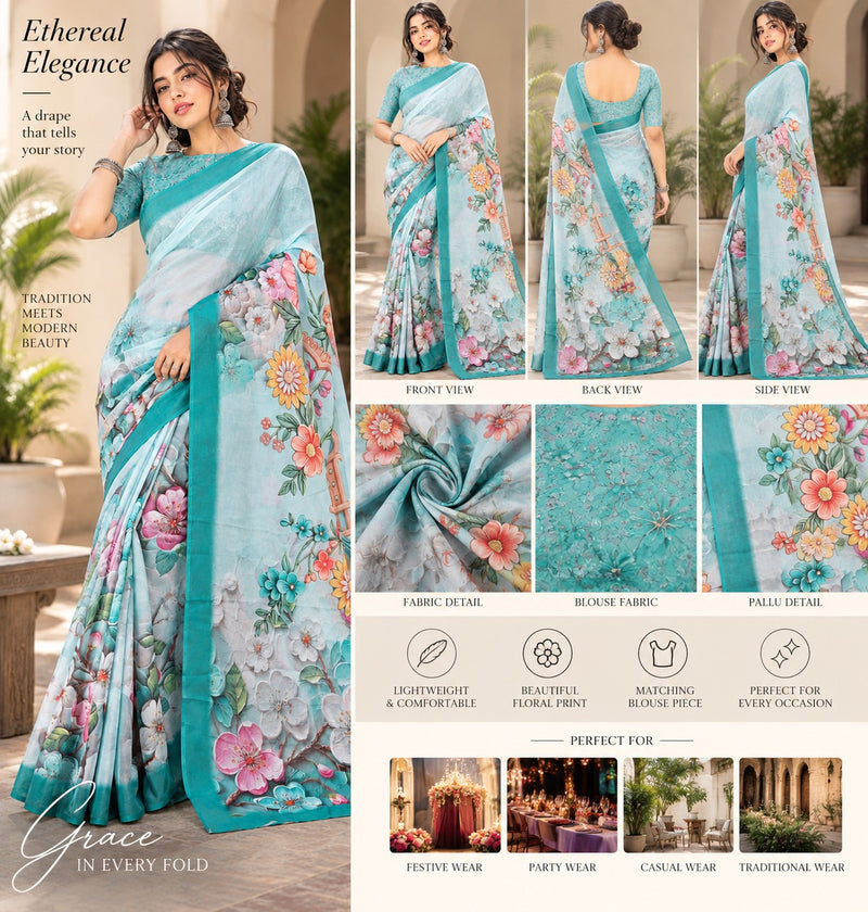 Pastel Green Floral Printed Saree