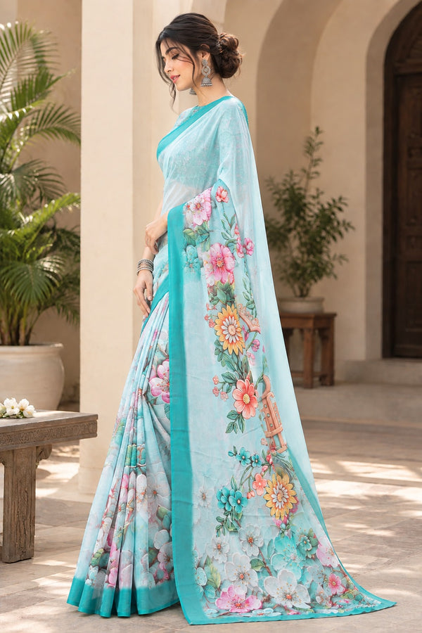Pastel Green Floral Printed Saree