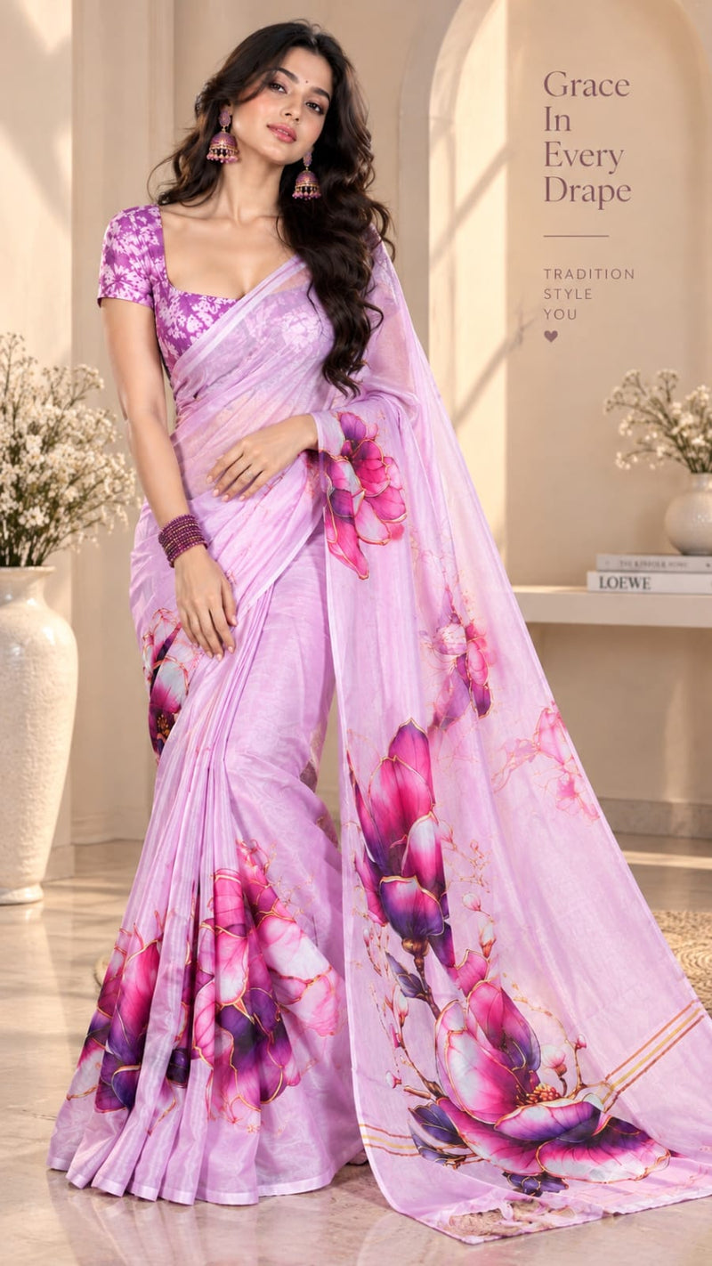Pastel Lilac Floral Printed Sheer Saree