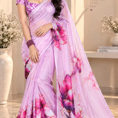 Pastel Lilac Floral Printed Sheer Saree