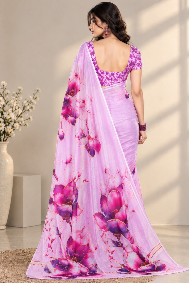 Pastel Lilac Floral Printed Sheer Saree