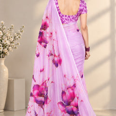 Pastel Lilac Floral Printed Sheer Saree