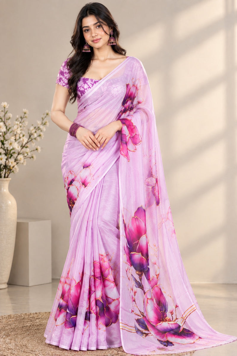 Pastel Lilac Floral Printed Sheer Saree