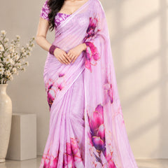 Pastel Lilac Floral Printed Sheer Saree
