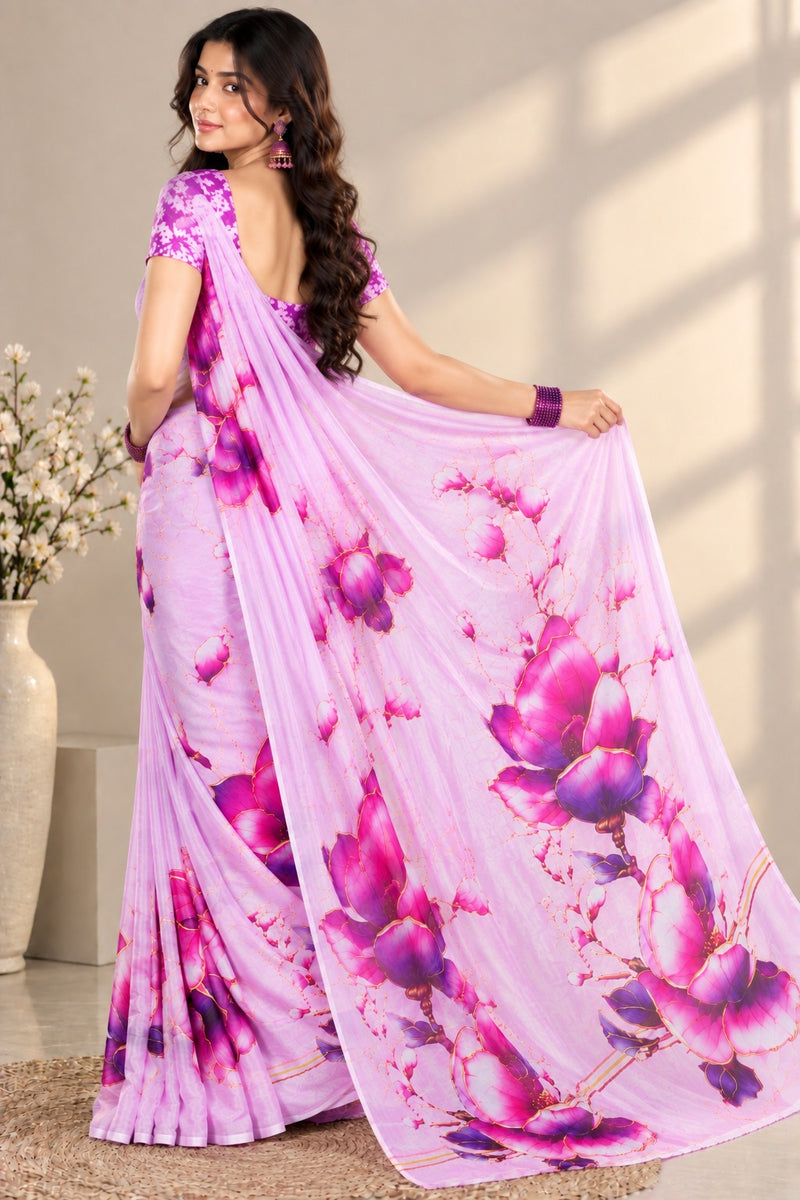 Pastel Lilac Floral Printed Sheer Saree