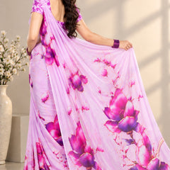 Pastel Lilac Floral Printed Sheer Saree