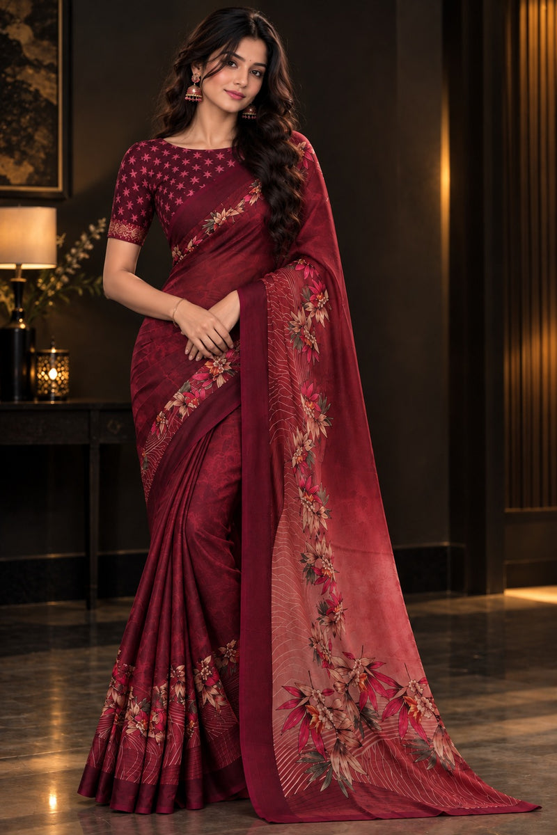 Deep Wine Maroon Floral Printed Saree