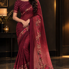 Deep Wine Maroon Floral Printed Saree