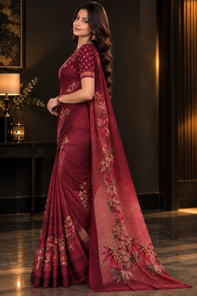 Deep Wine Maroon Floral Printed Saree