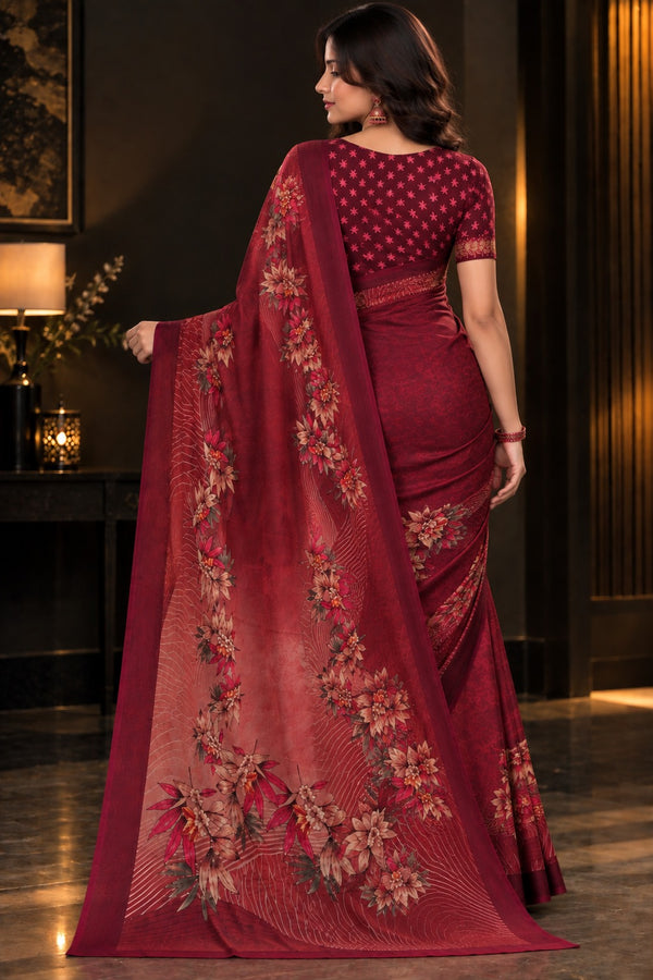 Deep Wine Maroon Floral Printed Saree
