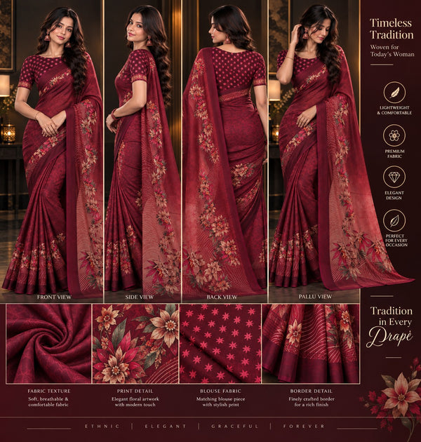 Deep Wine Maroon Floral Printed Saree