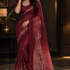 Deep Wine Maroon Floral Printed Saree