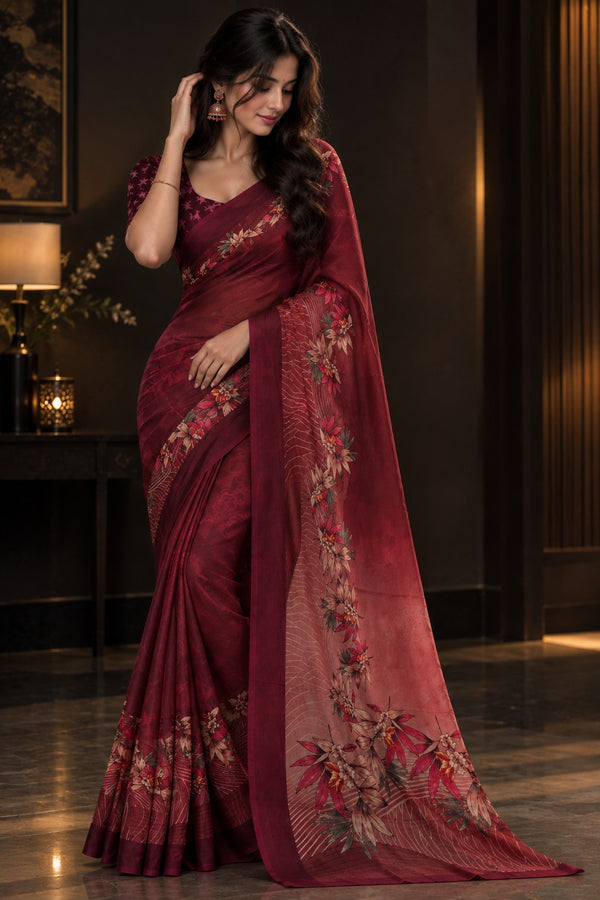 Deep Wine Maroon Floral Printed Saree