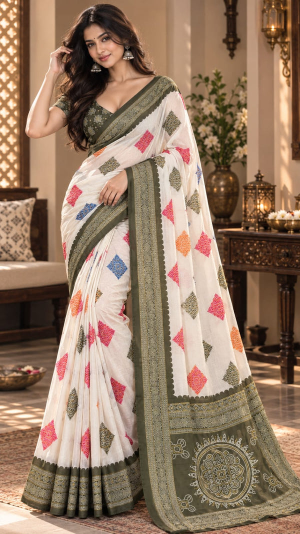 Off-White Cotton Silk Saree