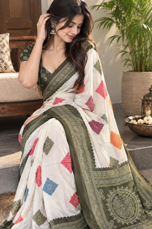 Off-White Cotton Silk Saree